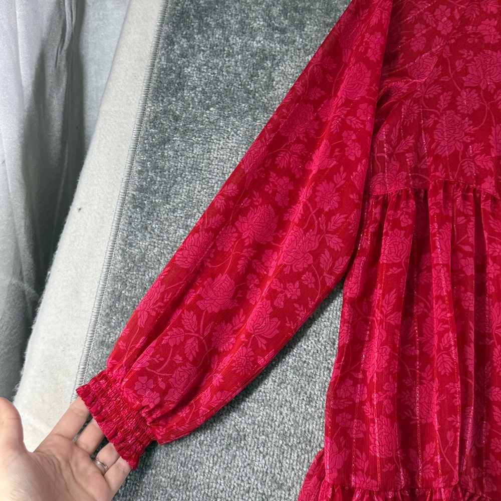 NWT On 34th Long Sleeve Midi Dress Red Floral Tiered Womens M Valentine - Picture 10 of 14